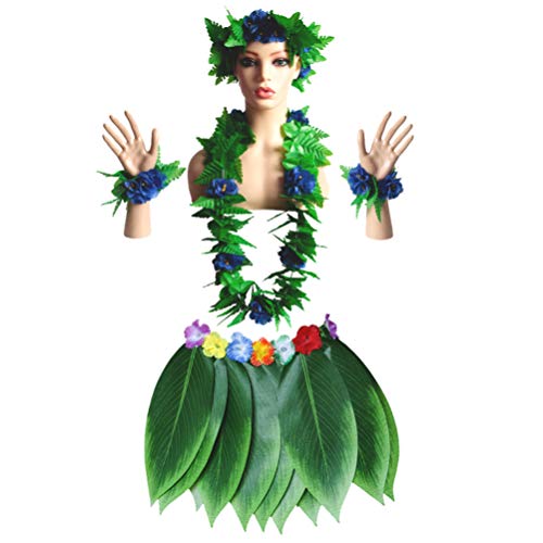 PRETYZOOM 5 Stück Erwachsene Hawaii Blatt Hula Rock Gras Rock Hawaii Kostüm mit Grünen Blättern Leis Armband Stirnband Hawaii Girlande Blumen für Strand Luau Karneval Party Lieferungen