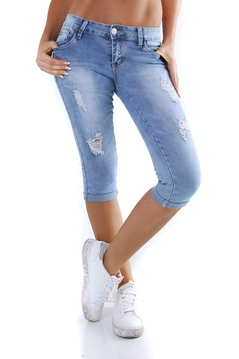 OSAB-Fashion 11242 Damen Capri Jeans Bermudas Shorts Kurze Hose Destroyed Slimfit Übergrößen