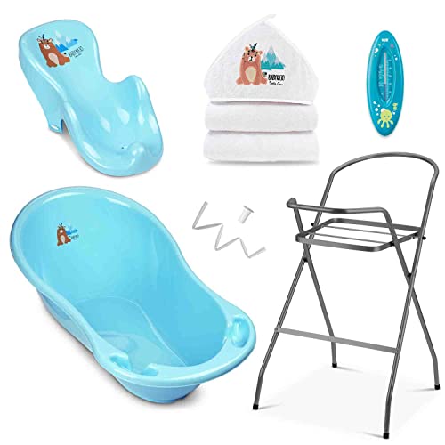 Babybadewanne mit Gestell, Bade Sitz, Kapuzenhandtuch, Thermometer und Abfluss – 6-teiliges Baby Wannen Set aus BPA freiem Plastik – Set für Neugeborene