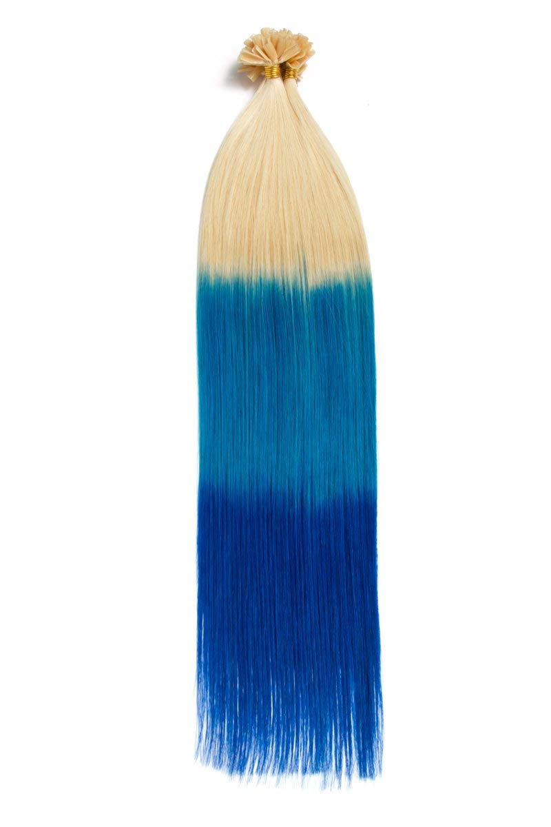 Ombré Keratin Bonding Extensions aus 100% Remy Echthaar/Human Hair- 100x 1g 50cm Glatte Strähnen - U-Tip als Haarverlängerung und Haarverdichtung: Farbe Hellichtblon/Hellblau/Dunkelblau