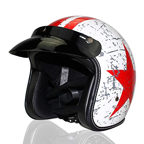 Woljay 3/4 Offener Sturzhelm, Helmet Motorrad-Helm Jet-Helm Scooter-Helm Vespa-Helm Halbhelme Adult Helm Flat mit Rebellen Rot Star Graphic (L)