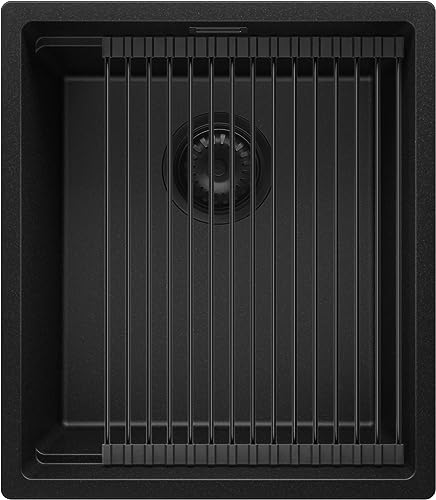Spülbecken Alles Schwarz 41x47 cm, Granitspüle + Ablauf-Set Schwarz + Aufrollbare Abtropffläche, Küchenspüle für 45er Unterschrank, Unterbauspüle von Primagran