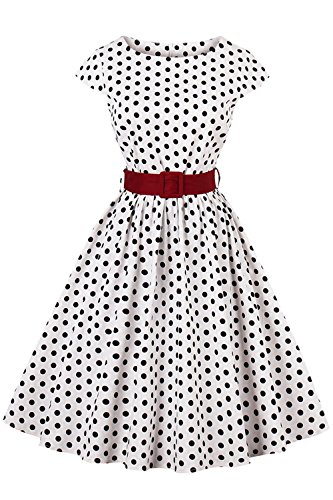 Axoe Damen 50er Jahre Audrey Hepburn Vintage Kleid Rockabilly Cocktail Partykleid Polka Dot- Gr. 3XL (46), Weiß