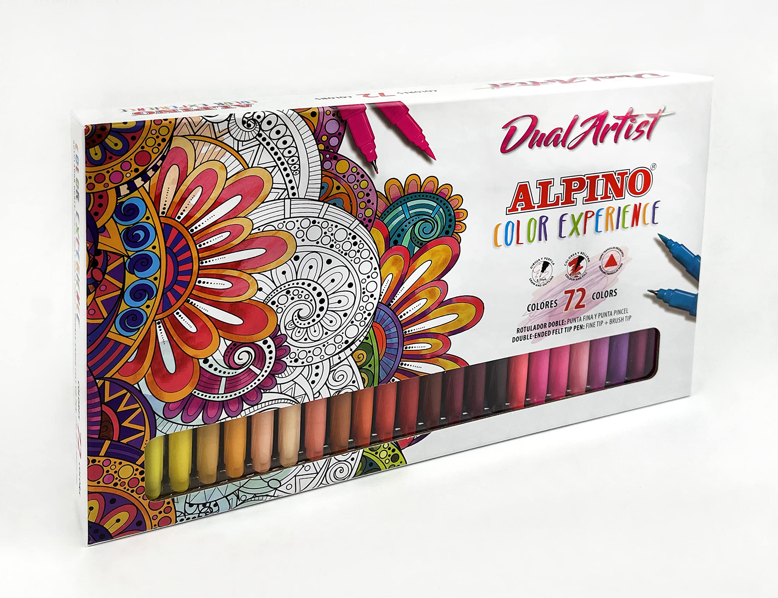 Alpino Color Experience 72 Dual Artist Markers | Double Tip Markers: Brush Tip and Fine Tip | Markers for Mandala and Lettering | Marker Kit