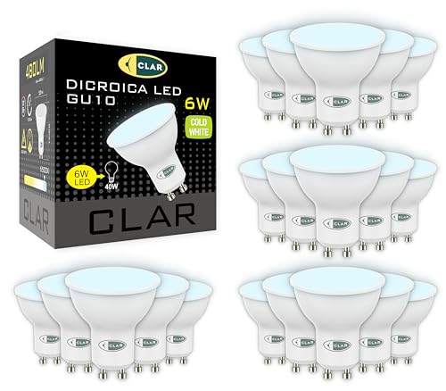 CLAR- LED GU10 LED Kaltweiß, 6W GU10 LED, Leuchtmittel GU10, GU 10 LED, LED Lampe GU10, LED Leuchtmittel GU10 Kaltweiß 6000ºk (Pack 20)