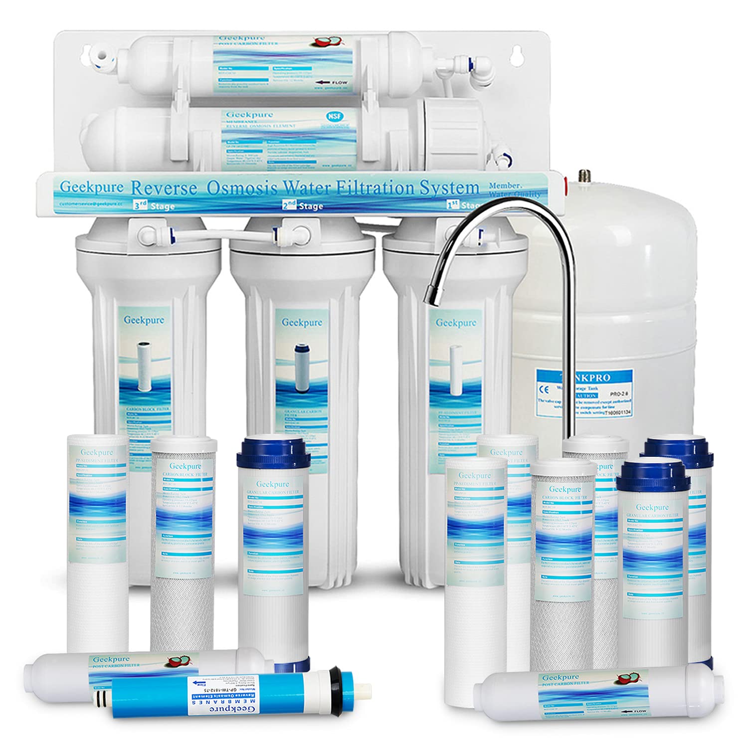 Geekpure 5 Stufen Umkehrosmose Trinkwasser Filtersystem Plus 7 zusätzliche Filter kostenlos - 75GPD