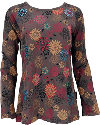 Guru-Shop Besticktes Langarmshirt Hippie Chic Retro, Damen, Braun, Baumwolle, Size:S (36), Pullover, Longsleeves & Sweatshirts Alternative Bekleidung