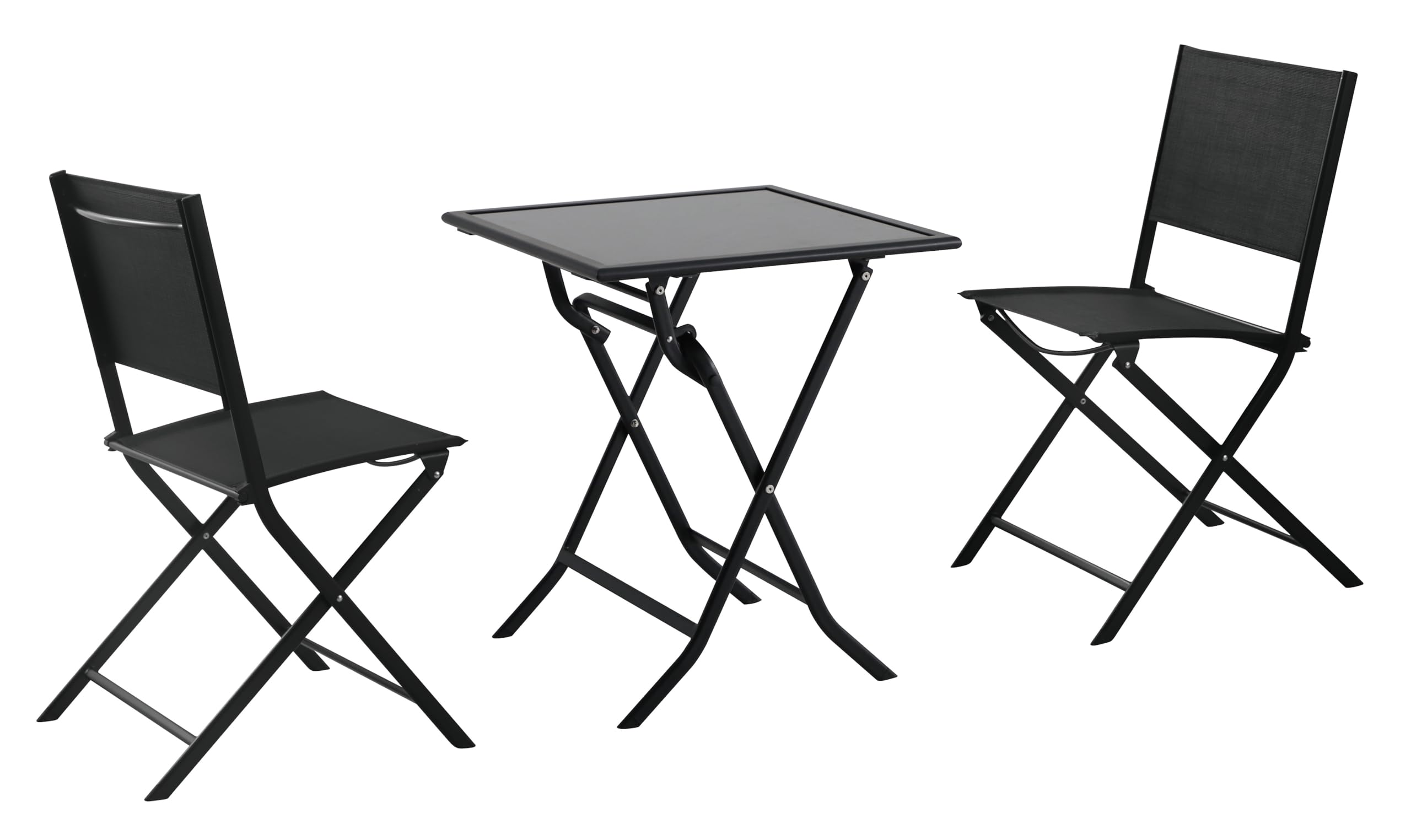 METRO Professional Bistro Set Santorine 3-TLG., Stahl/Textilehne/Glas, klappbare Stühle und Tisch, schwarz