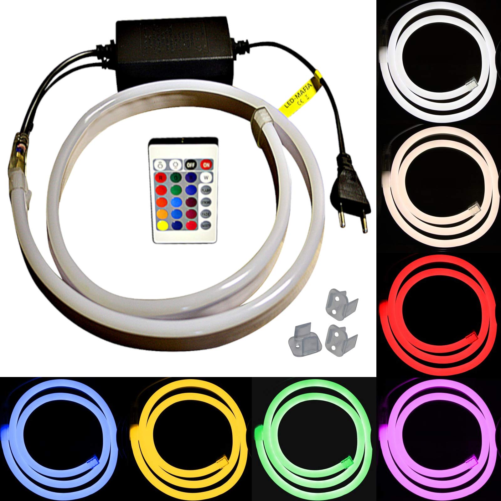 1-5m LED RGB Neon Flex Lichtschlauch - 230V bei 8W/m - Wasserfest - Streifen Band - warmweiß kaltweiß rot - 14,99€/m - Licht (2m)