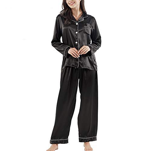 Ladieshow Damen Pyjamas Satin Schlafanzug Lange Ärmel Sleepwear Zweiteiliger PJ Set