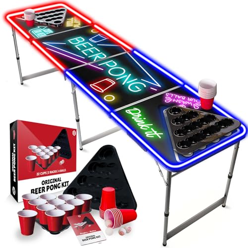 Offizieller Spotlightholes Beer Pong Tisch mit Löchern Set | 1 Glow Beer Pong Tisch + 2 Regale + 22 rote Becher + 4 Bälle | Kompletter Satz | Offizieller Tisch | Trinkset | OriginalCup®