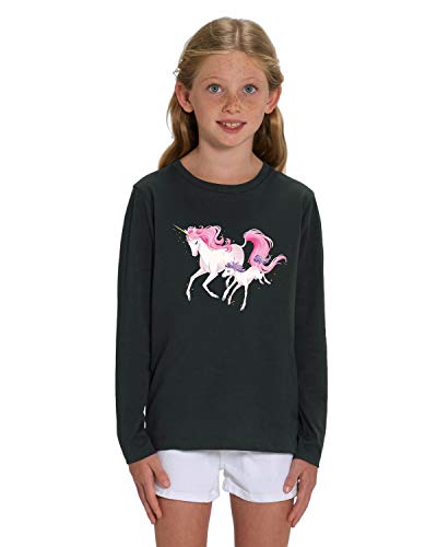 Hilltop Hochwertiges Kinder Mädchen Langarm T-Shirt aus 100% Bio Baumwolle mit wunderschönem Einhorn Motiv, Premium Kinder Tshirt für Freizeit und Sport, Size:122/128, Color:Black