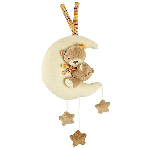 Fehn 160185 Spieluhr Teddy im Mond / Aufzieh-Spieluhr mit waschbarem Spielwerk - Spielt sanfte Einschlafmelodie für Babys und Kleinkinder ab 0+ Monaten