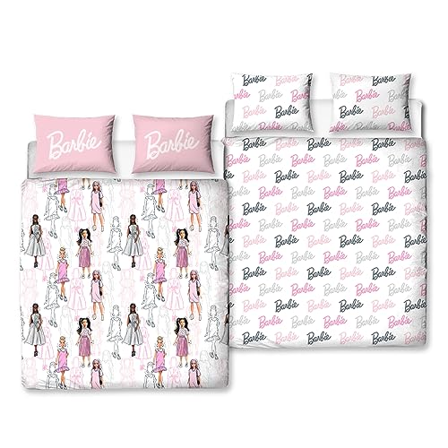 Character World Barbie Offizielles Doppel-Bettwäsche-Set für Kinder, Figuren-Design, wendbar, zweiseitig, Teenager-Bettwäsche, inklusive passender Kissenbezüge, Polyester, Doppelbettbezug, rosa