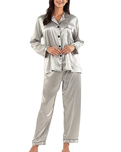 Ladieshow Damen Pyjamas Satin Schlafanzug Lange Ärmel Sleepwear Zweiteiliger PJ Set