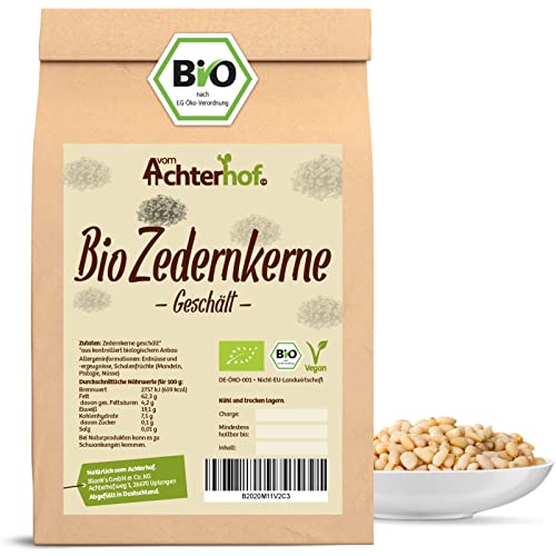 Zedernkerne geschält Bio 250g | geschälte, ganze Zedernnüsse in Bio-Qualität | intensiver, nussiger Geschmack | ideal als Snack oder zur Zugabe in Smoothies, Pestos, Salaten | vom Achterhof