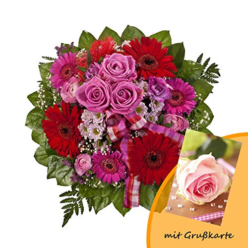 Dominik Blumen und Pflanzen, Blumenstrauß "Falling in Love" mit Rosen, Gerbera und Freesien und Grußkarte "Rosen"