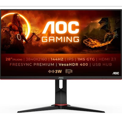 AOC Gaming U28G2XU2-28 Zoll UHD Monitor, 144 Hz, 1 ms, FreeSync Premium Pro, HDR400 (3840x2160, HDMI, DisplayPort, USB Hub) schwarz/rot