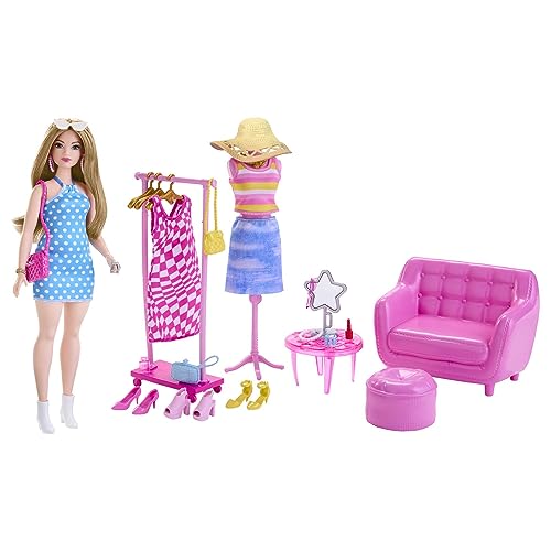 Barbie-Puppe und Modeset, Barbie-Kleidung mit Schrankzubehör wie einem Kleiderständer und einer Schaufensterpuppe, 32 Teile zum Geschichtenerzählen, HPL78