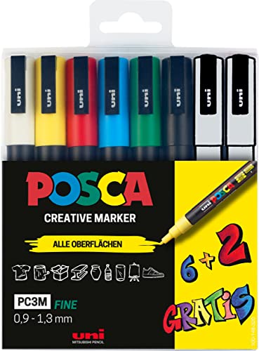 uni-ball 186825 - POSCA Marker Set, 8er Etui Acrylstifte PC-3M, 0.9 - 1.3 mm, 6 Standardfarben + 2 wechselnde Sonderfarben