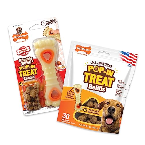 Nylabone Power Chew Knuckle Bone & Pop In Dog Treat Toy Combo Bundle - Tough Dog Toy for Aggressive Chewers and Treat Pouch - Durable Dog Toy - Chicken Flavor, Medium Wolf - Up to 35 lbs