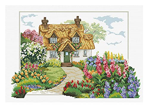 Ladybird Stickset Foxglove Cottage, Kreuzstich-Set ca. 45 x 32 cm, Komplett-Set für ein eckiges Stickbild, handwerkliches Hobby für Erwachsene und Kinder ab 8 Jahren