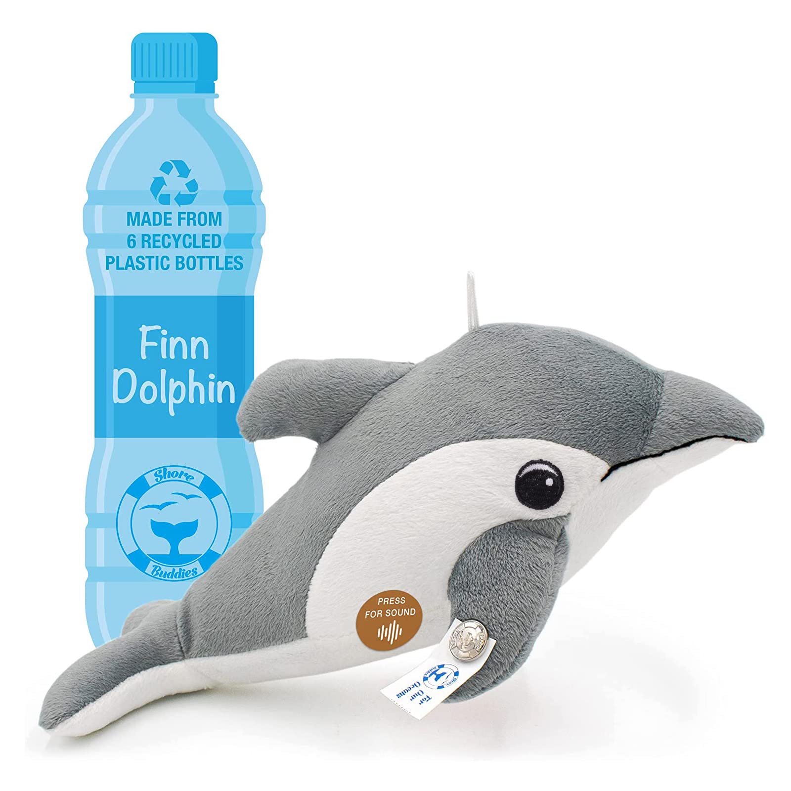 TE-Trend Delfin Kuscheltier mit dem Sound der Delphine Plüschtier Stofftier 30cm Dolphin Finn nachhaltig aus 6 recycelten Plastikflaschen hergestellt
