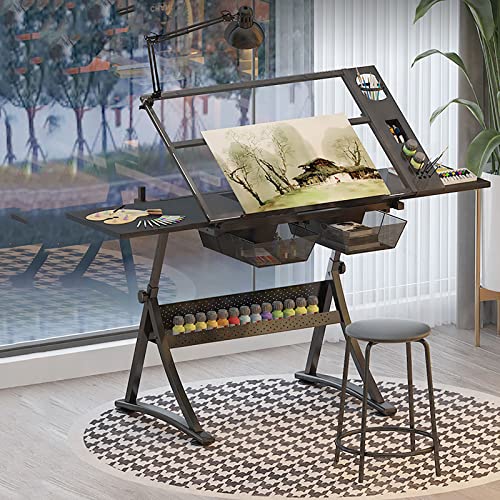 Höhenverstellbarer Zeichentisch, kippbarer Zeichentisch mit Glasplatte, Entwurfs-/Kunst-/Bastel-/Zeichentisch mit 2 Schubladen, 1 Hocker, Design-Skizzen-Malarbeitsplatz, wunderschöne Landschaft