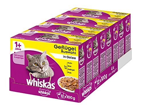Whiskas 1 + Katzenfutter – Geflügel-Auswahl in Gelee – Hochwertiges Feuchtfutter für ausgewachsene Katzen – 48 Portionsbeutel à 100g