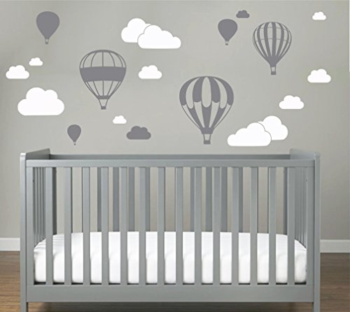 Heißluftballon mit WOLKEN SET 20 teilig Wandtattoo Wandaufkleber Sticker Aufkleber Wand Himmel Baby (Grau)