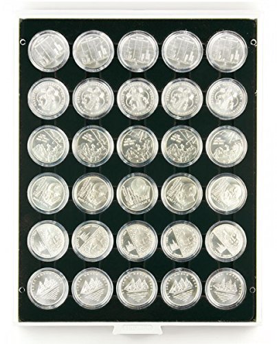 Münzbox Carbo mit 30 runden Vertiefungen für Münzkapseln mit Außen-Ø39,5 mm, z.B. für deutsche 20 Euro-/10 Euro-Silbermünzen in LINDNER Münzkapseln