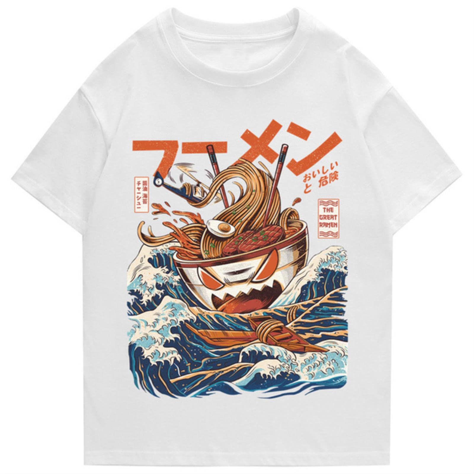 Japanisches Harajuku T-Shirt Männer 2022 Sommer Hip Hop T Shirts Nudel Schiff Cartoon Streetwear T Shirts Kurzarm Casual Top Baumwolle Weiß, XL