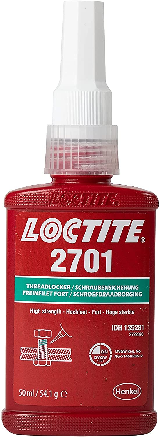 LOCTITE 2701, niedrigviskoser Kleber für die Sicherung von Schrauben, hochfeste Schraubensicherung für Gewinde aus Metall, vibrationsbeständige flüssige Schraubensicherung, 1x50ml