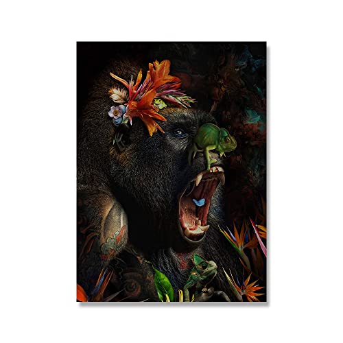 Tier in Blumen Leinwand Malerei Wandkunst Löwen Poster Tiger OrangUtan Frosch Bild Moderne Klassische dekorative Malerei (Color : G, Size : 50x70cm No Frame)