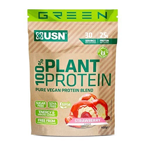 USN Green 100 Prozent pflanzlicher Whey Protein Shake, 100% rein veganes Proteinpulver ohne Zucker auf pflanzlicher Basis, Erdbeere, 900 g