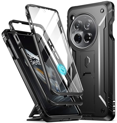 Poetic Revolution Hülle Kompatibel mit OnePlus 12 5G (2024), integrierter Displayschutz, funktioniert mit Fingerabdruck-ID, Robuste, Stoßfeste Ganzkörper-Schutzhülle mit Ständer, Schwarz