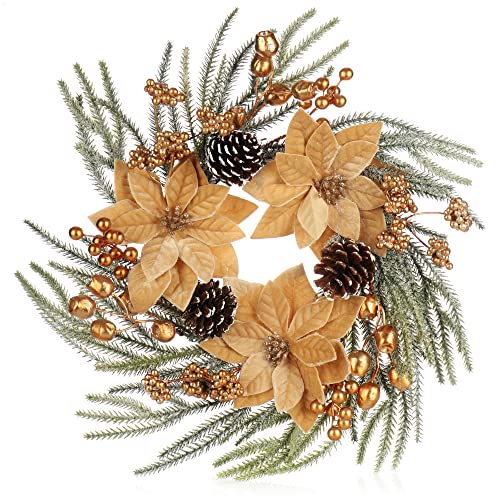 com-four® Türkranz Weihnachten - Adventskranz mit großen Blüten und Glitzer - Dekokranz Herbst - Weihnachtsdeko - Tischkranz - Weihnachtskranz