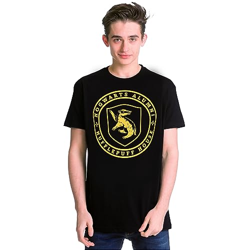 Elbenwald Hogwarts Alumni T-Shirt mit Hufflepuff Motiv für Harry Potter Fans Herren Damen Unisex Baumwolle schwarz - S