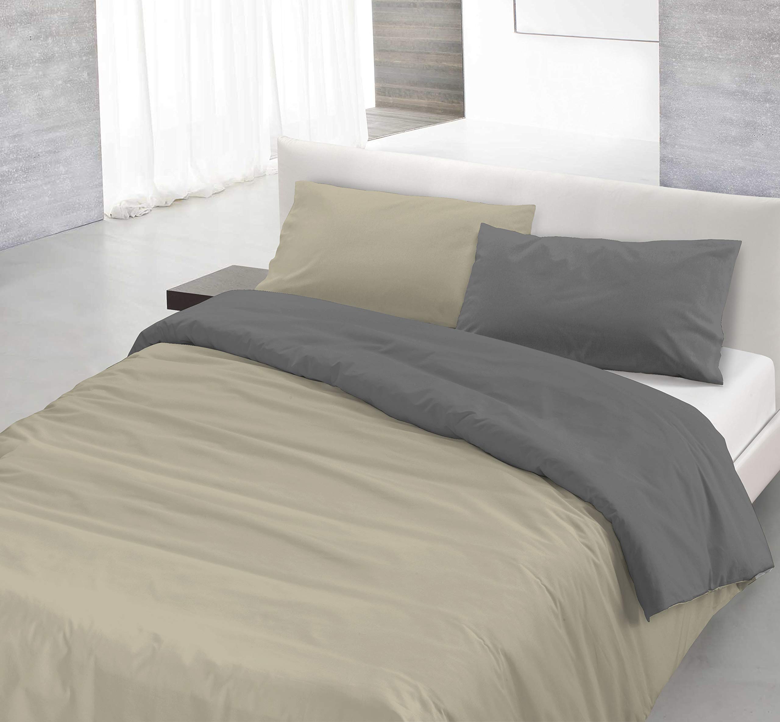 Italian Bed Linen Natural Color Doubleface Bettbezug, 100% Baumwolle, Braun/Creme, Einzelne