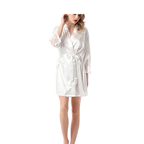 Damen-Dressingkleid, Seiden-Satin-V-Ausschnitt Kimono-Robe-Pyjama-Kleid Damen-Spitze Dessous Bademantel Nachthemd White-L