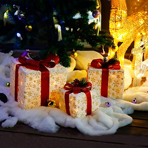 CCLIFE 3er Set LED Geschenkbox Weihnachten Weihnachtenbox Beleuchtete Lichterkette batteriebetrieb Weihnachtsdeko, Farbe:001 weiss - Flanell mit Schneeflocke