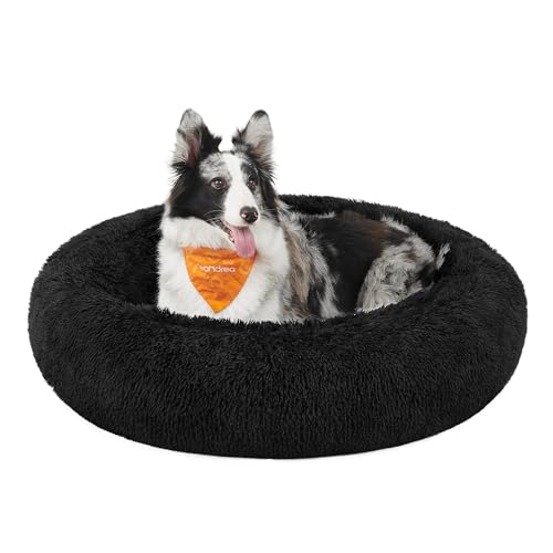 Feandrea Hundebett flauschig, Katzenbett, Donut Kissen, waschbar, Polsterung in der Mitte herausnehmbar, Langer Plüsch, 100 cm Durchmesser, tintenschwarz PGW042B01