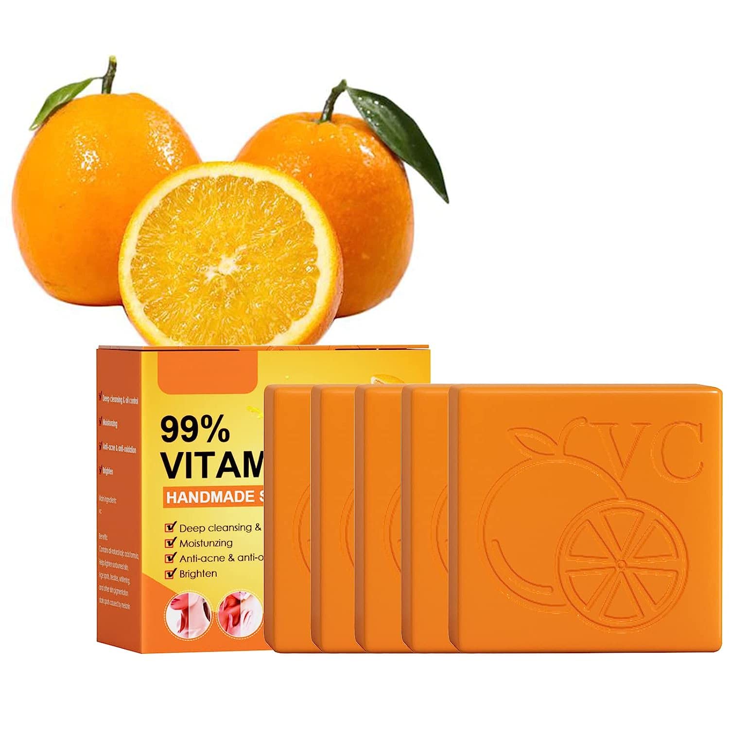 Orange Vitamin C handgefertigte Seife, natürliche Bio-Seife mit 99% Vitamin C, weißt Peeling feuchtigkeitsspendende Seife für den ganzen Körper – 100 g (5 Stück)