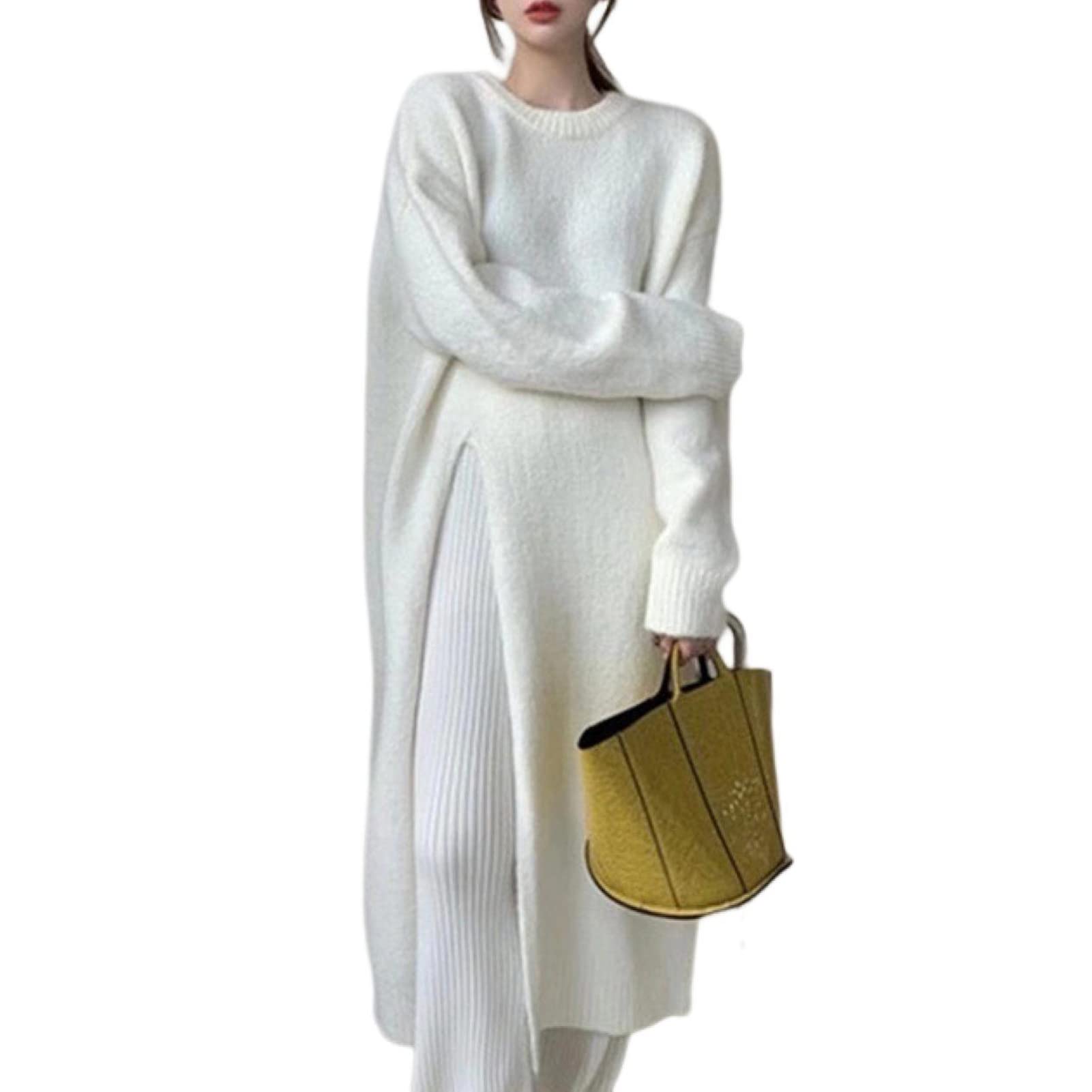 Suzanne Strickpullover Chic Anti-Frostschutz Herbst Winter Side Split Midi Pullover Kleid Weiß Einheitsgröße