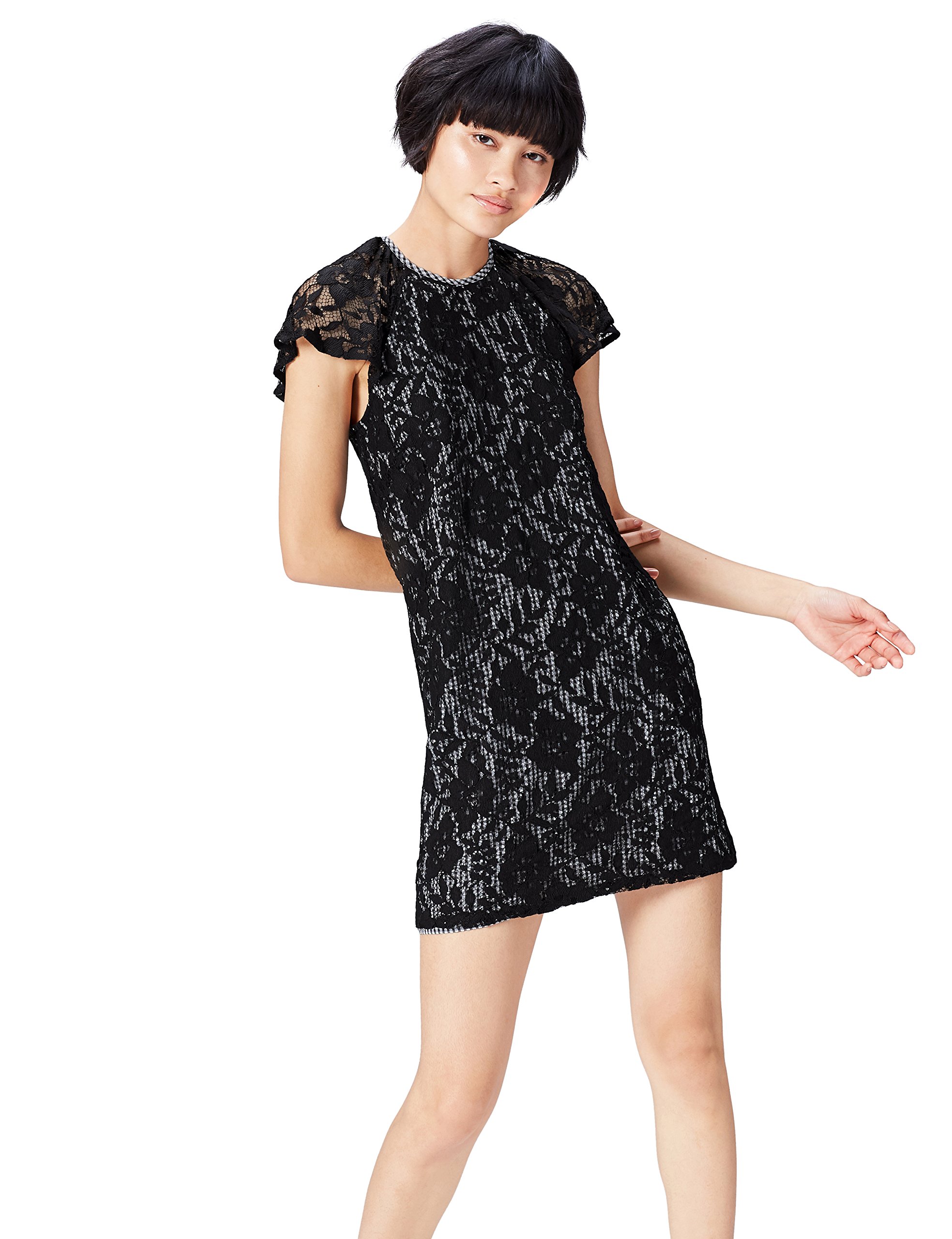 find. Damen Mini A-Linien-Kleid aus Spitze, Schwarz (Black/white Check), 34, Label: XS
