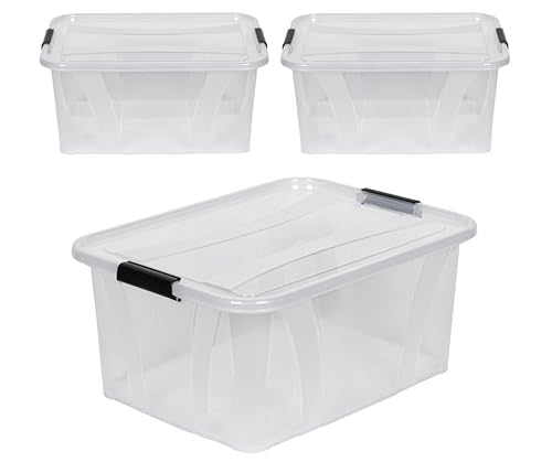 Kreher® XL Aufbewahrungsboxen mit Deckel aus Lebensmittel-geeignetem Kunststoff in Transparent. Stapelbare Lagerboxen für Haushalt, Garage, Industrie (32 Liter, 3er Set)