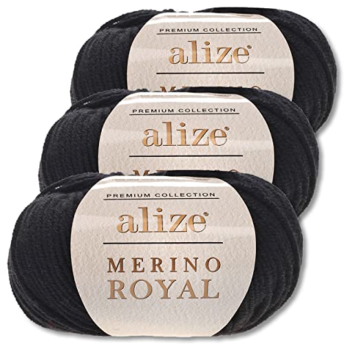 Wohnkult Alize 3x50 g Merino Royal 100% Merinowolle 9 Farben zur Auswahl Superwash Wolle Warmer (60 | Schwarz)
