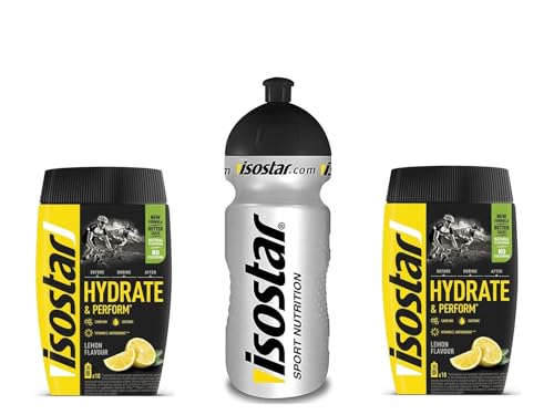 Isostar Hydrate & Perform Iso Drink – 400 g isotonisches Getränkepulver – Elektrolyt Pulver zur Unterstützung der sportlichen Leistungsfähigkeit – 2 x Zitrone + 0,5 Liter Flasche