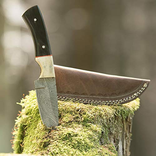 elToro Buffalo Horn - Damast - Jagdmesser - 10cm - inkl. Lederscheide; Messer für Camping, Outdoor, Survival