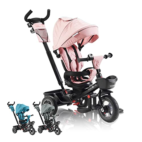 FableKids 5in1 Dreirad Noemi mit Schubstange ab 18 Monate bis 25kg, Vorwärts und Rückwärtsfahrt, PU-Reifen, Freilauf geräumiger, Korb, Tasche, Getränkehalter - Pink